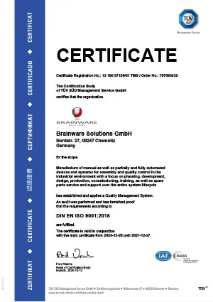 Brainware Solutions GmbH – Certified quality management system according to DIN EN ISO 9001:2015