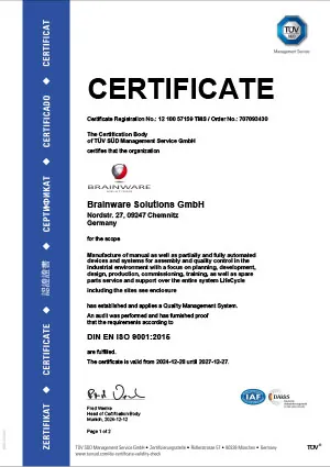 Brainware Solutions GmbH – Certified quality management system according to DIN EN ISO 9001:2015