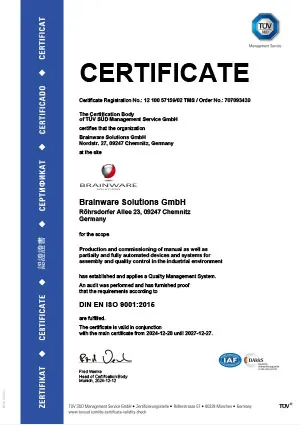 Brainware Solutions GmbH – Certified quality management system according to DIN EN ISO 9001:2015